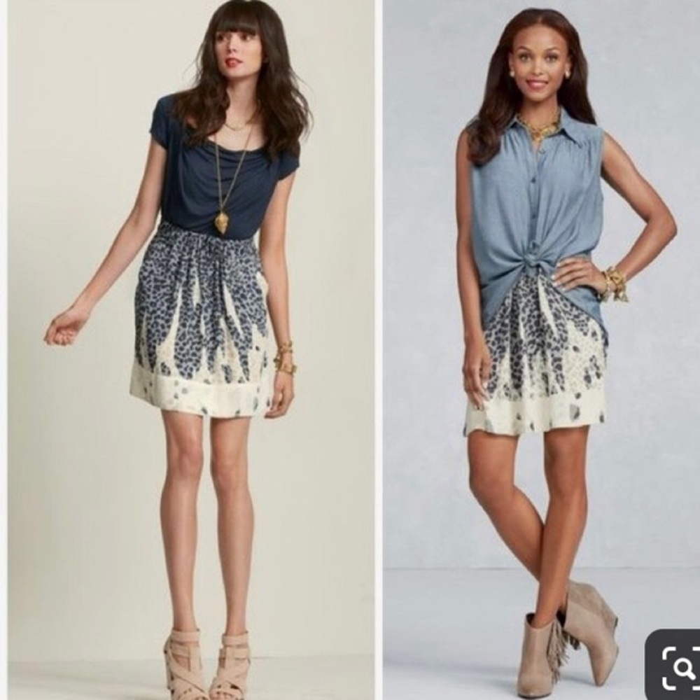 CAbi Navy and Cream A-Line Printed Skirt